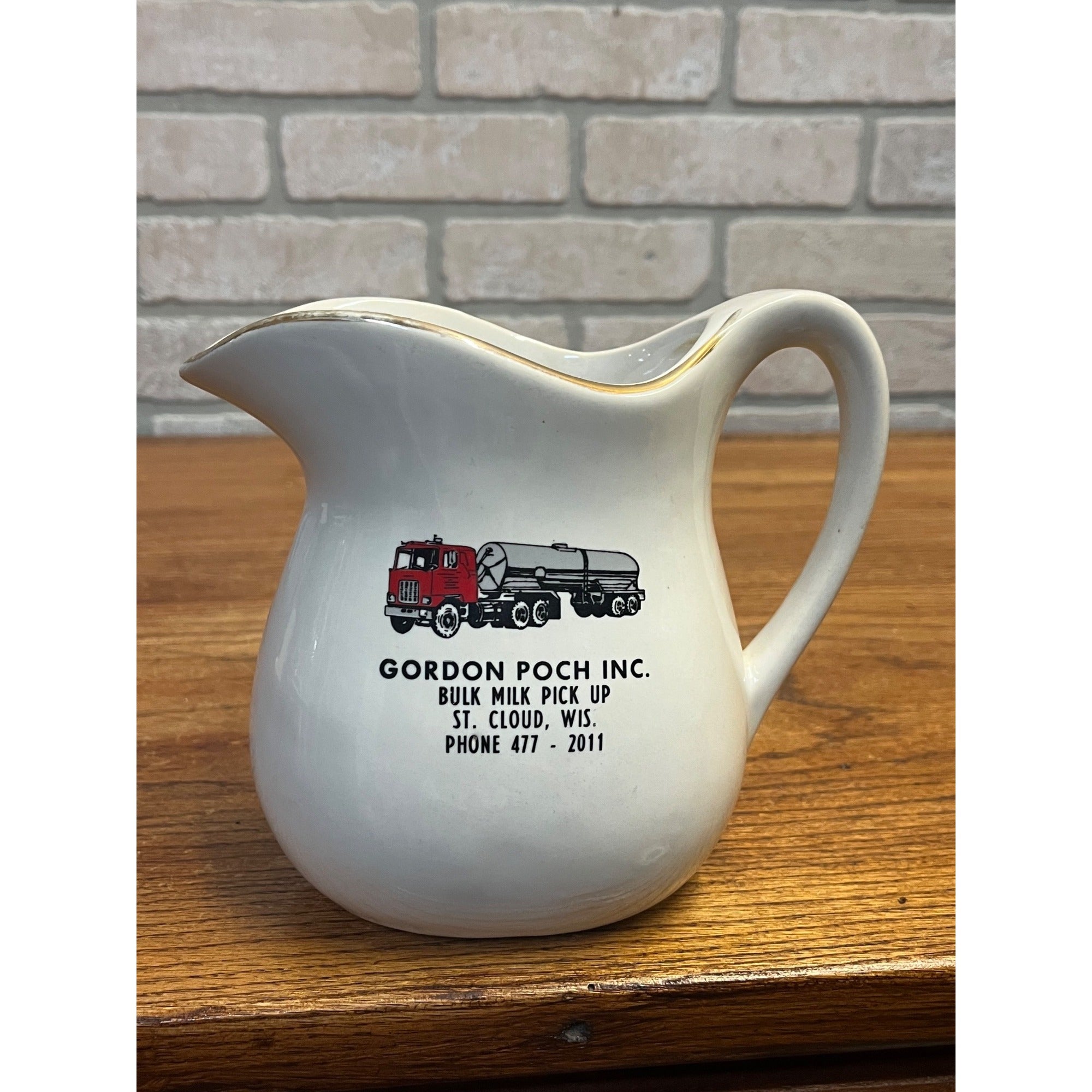Vintage Gordon Poch Bulk Milk Pick up St. Cloud Wisconsin Advertising Pitcher
