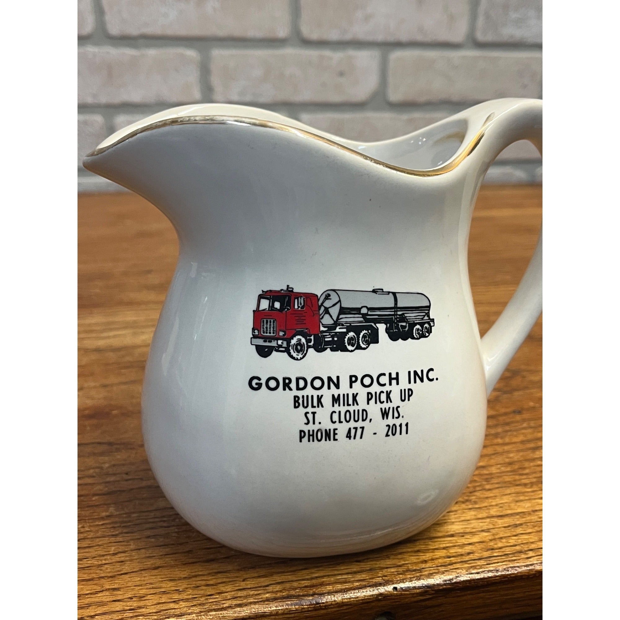 Vintage Gordon Poch Bulk Milk Pick up St. Cloud Wisconsin Advertising Pitcher