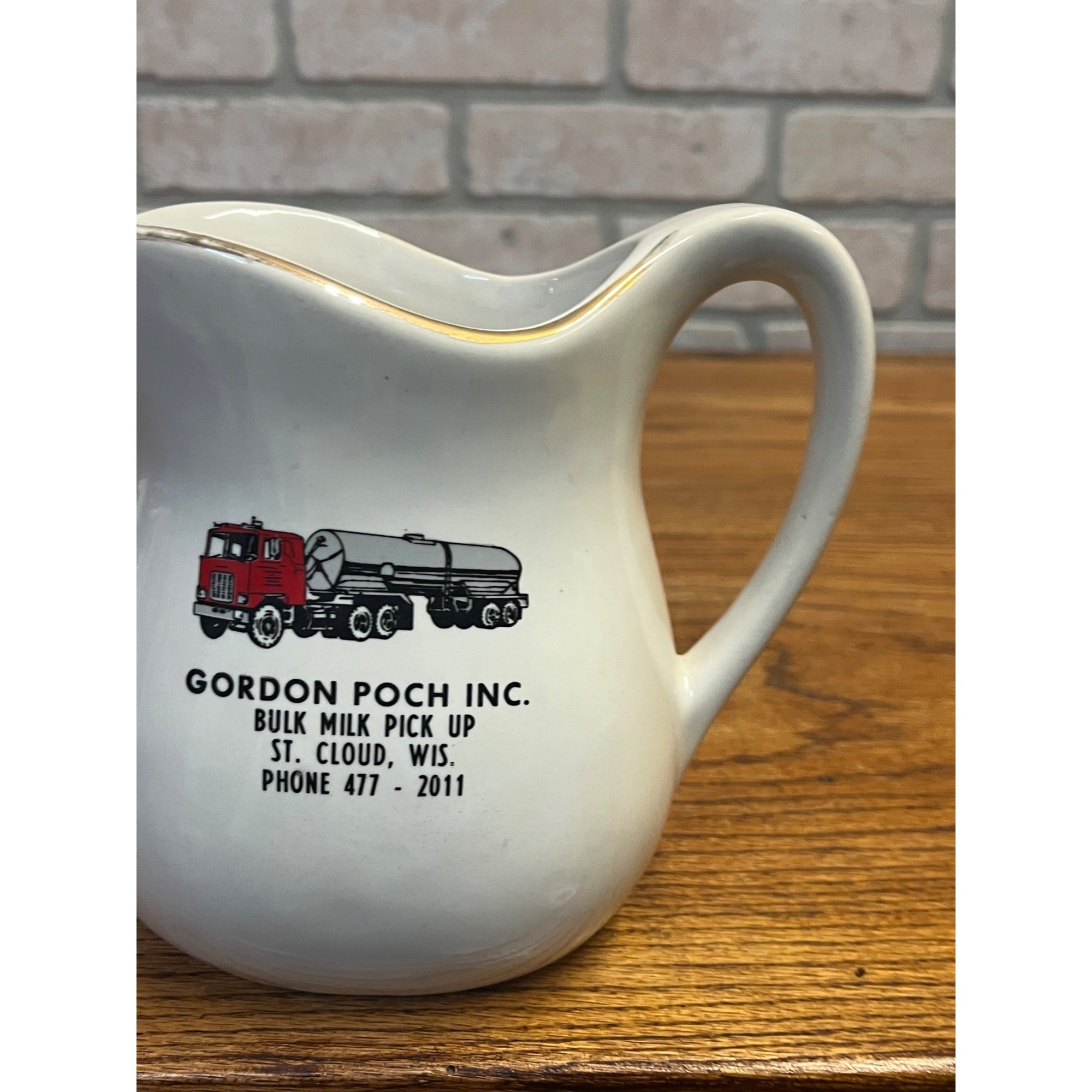Vintage Gordon Poch Bulk Milk Pick up St. Cloud Wisconsin Advertising Pitcher