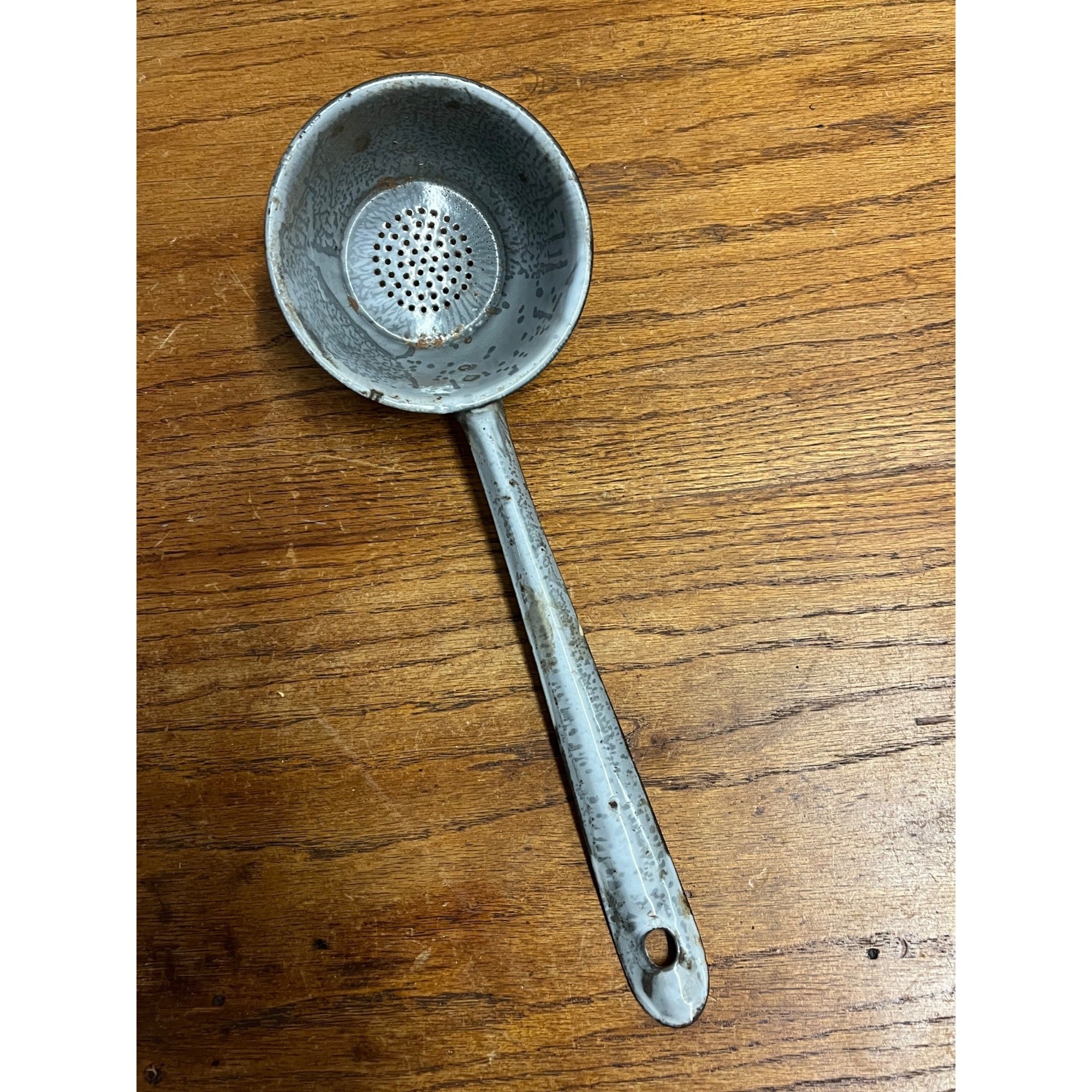 Vintage Antique Graniteware Enamel Ladle w/ Drain Holes 13" Enamelware Primitive