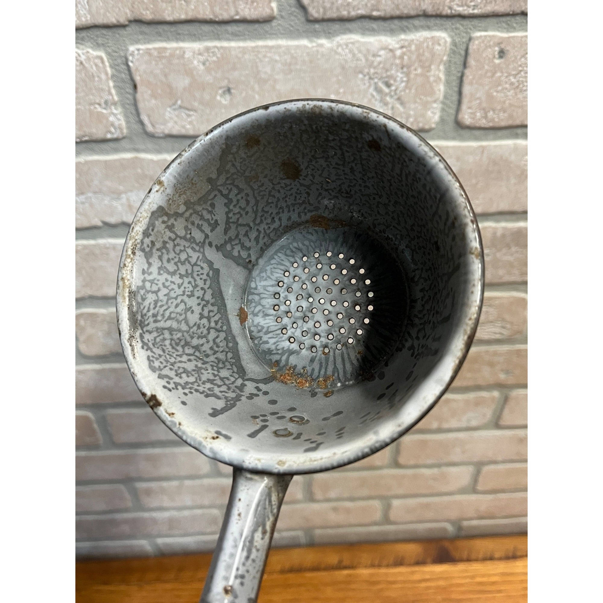 Vintage Antique Graniteware Enamel Ladle w/ Drain Holes 13" Enamelware Primitive
