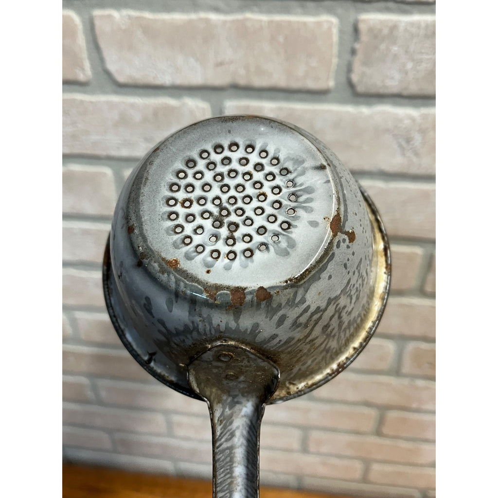 Vintage Antique Graniteware Enamel Ladle w/ Drain Holes 13" Enamelware Primitive