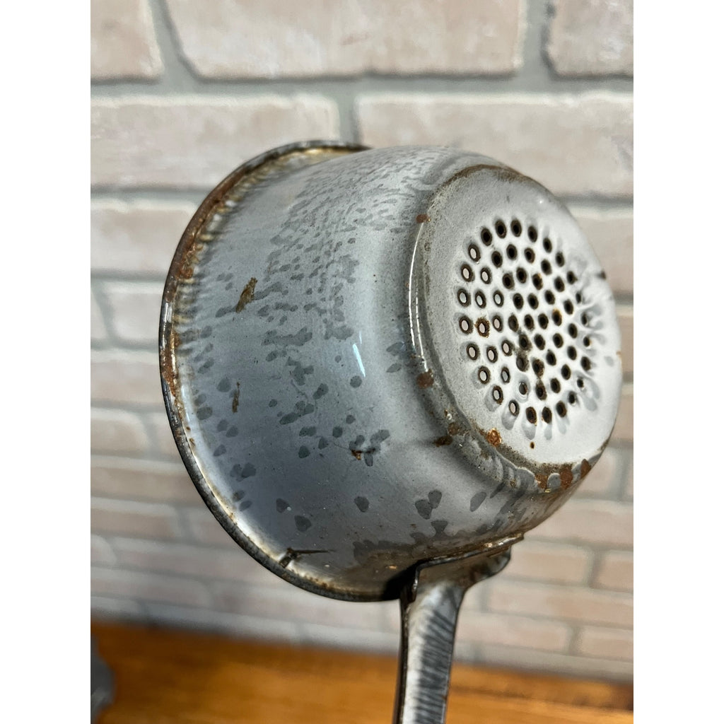 Vintage Antique Graniteware Enamel Ladle w/ Drain Holes 13" Enamelware Primitive