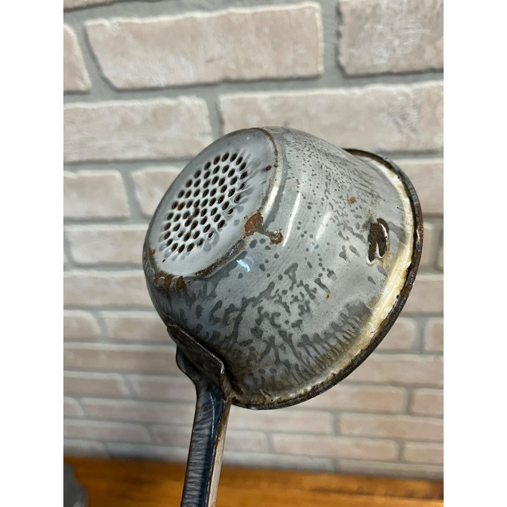 Vintage Antique Graniteware Enamel Ladle w/ Drain Holes 13" Enamelware Primitive