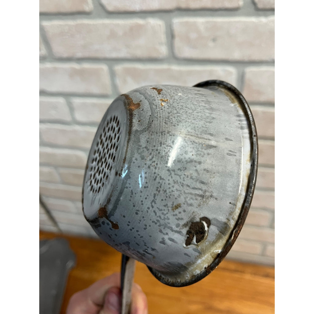 Vintage Antique Graniteware Enamel Ladle w/ Drain Holes 13" Enamelware Primitive