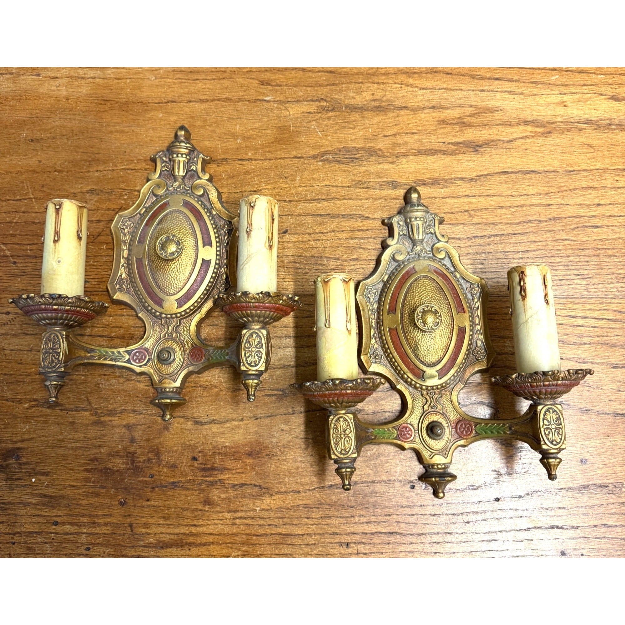 Antique Art Nouveau Victorian Wall Sconce Pair Double Light Fixtures Cast Iron