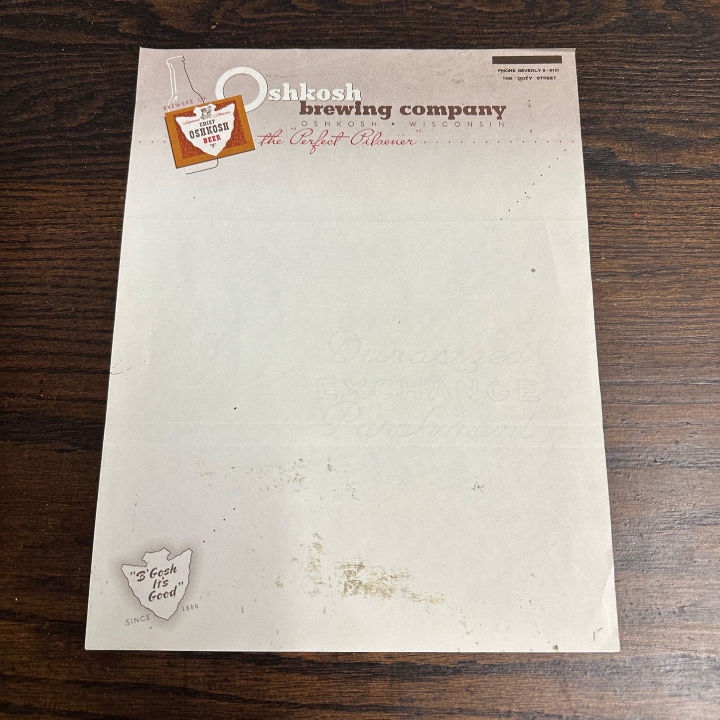 Vintage 1960s Chief Oshkosh Brewing Co. Advertising Beer Invoice Letterhead