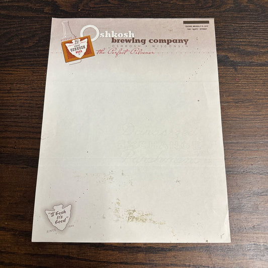 Vintage 1960s Chief Oshkosh Brewing Co. Advertising Beer Invoice Letterhead