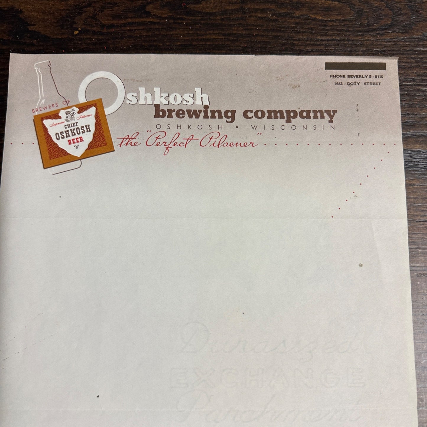 Vintage 1960s Chief Oshkosh Brewing Co. Advertising Beer Invoice Letterhead