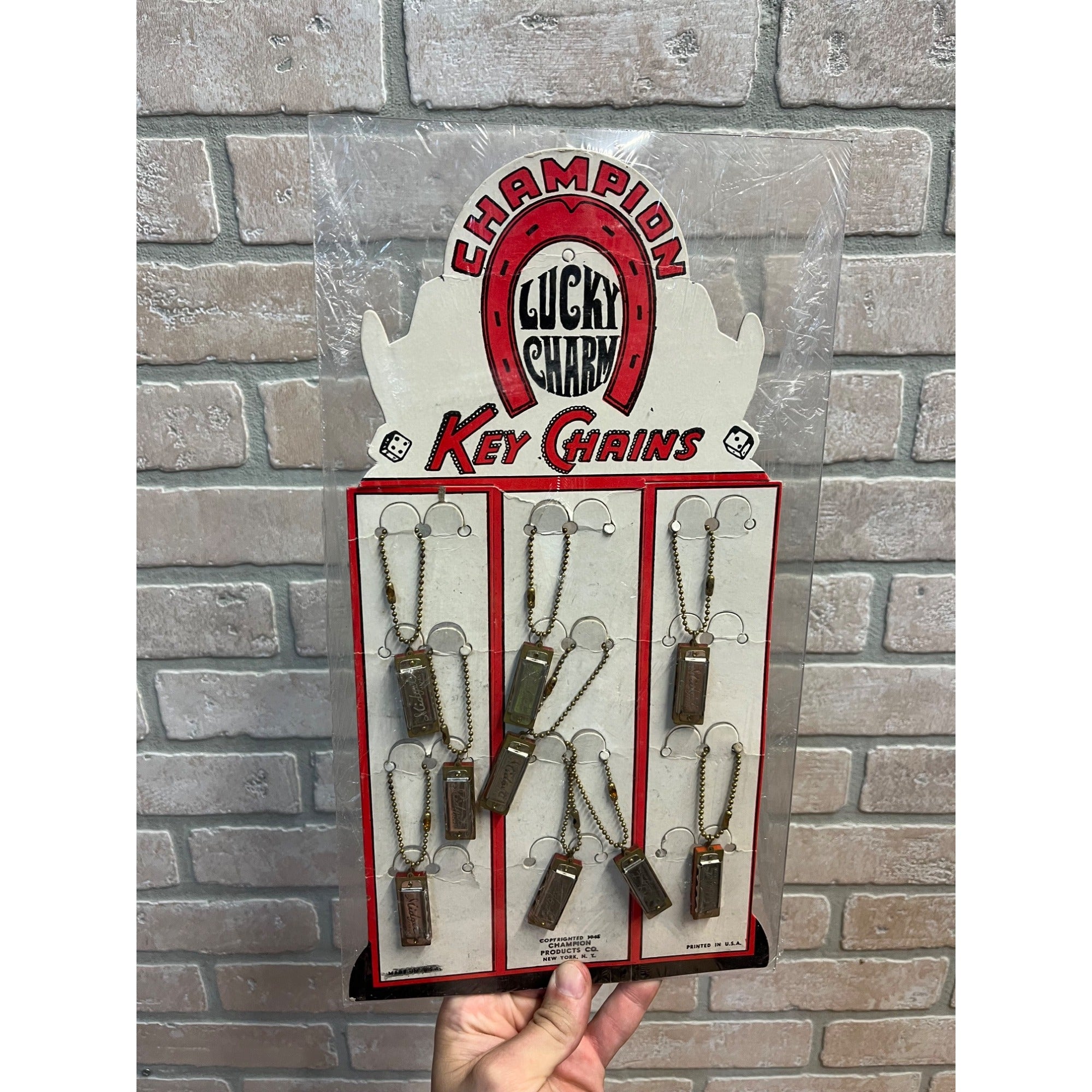 Vintage 1945 Champion Lucky Charm Harmonica Key Chain Store Display Sign