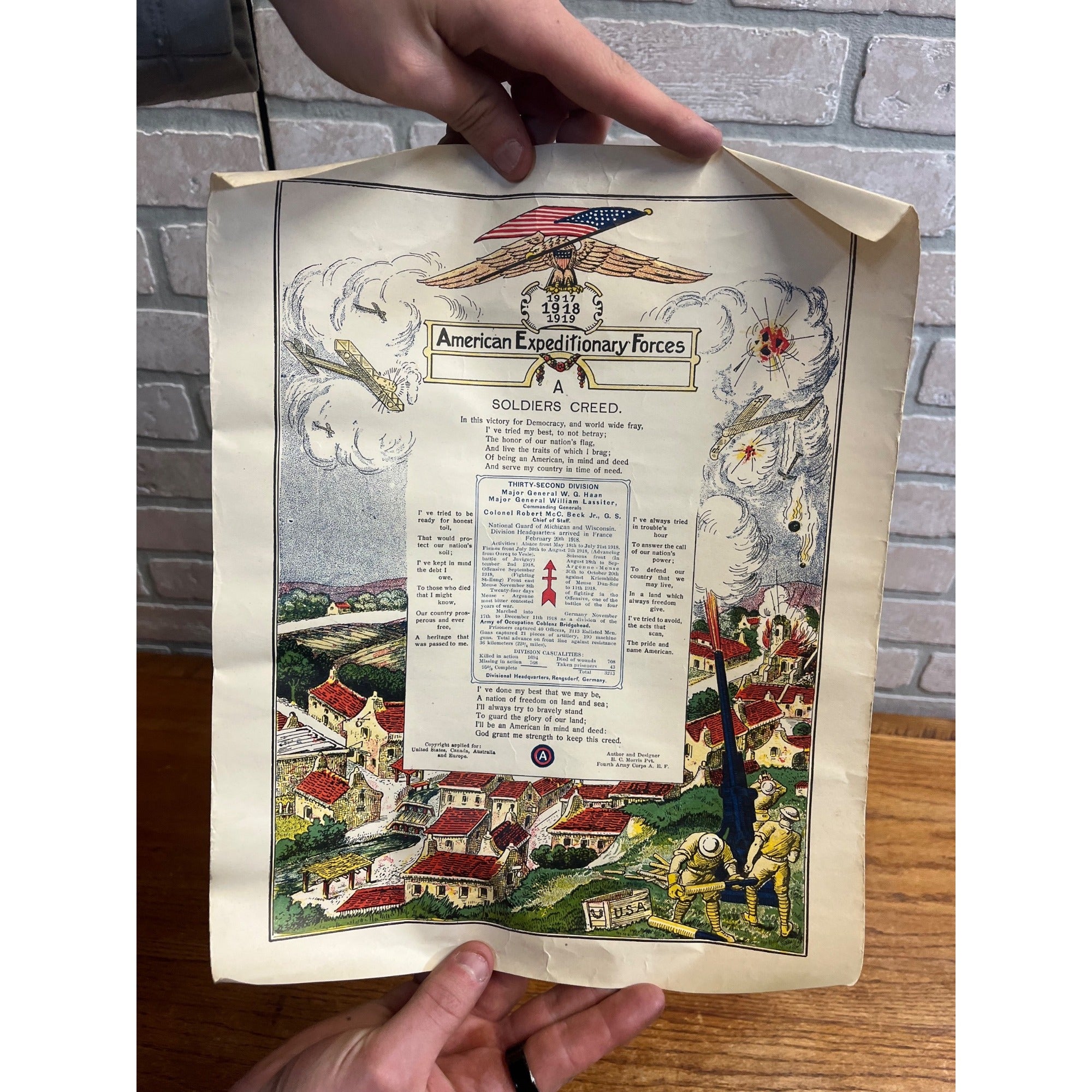 WWI US Army AEF 32nd Infantry Division Red Arrow Soldier's Creed Litho Poster