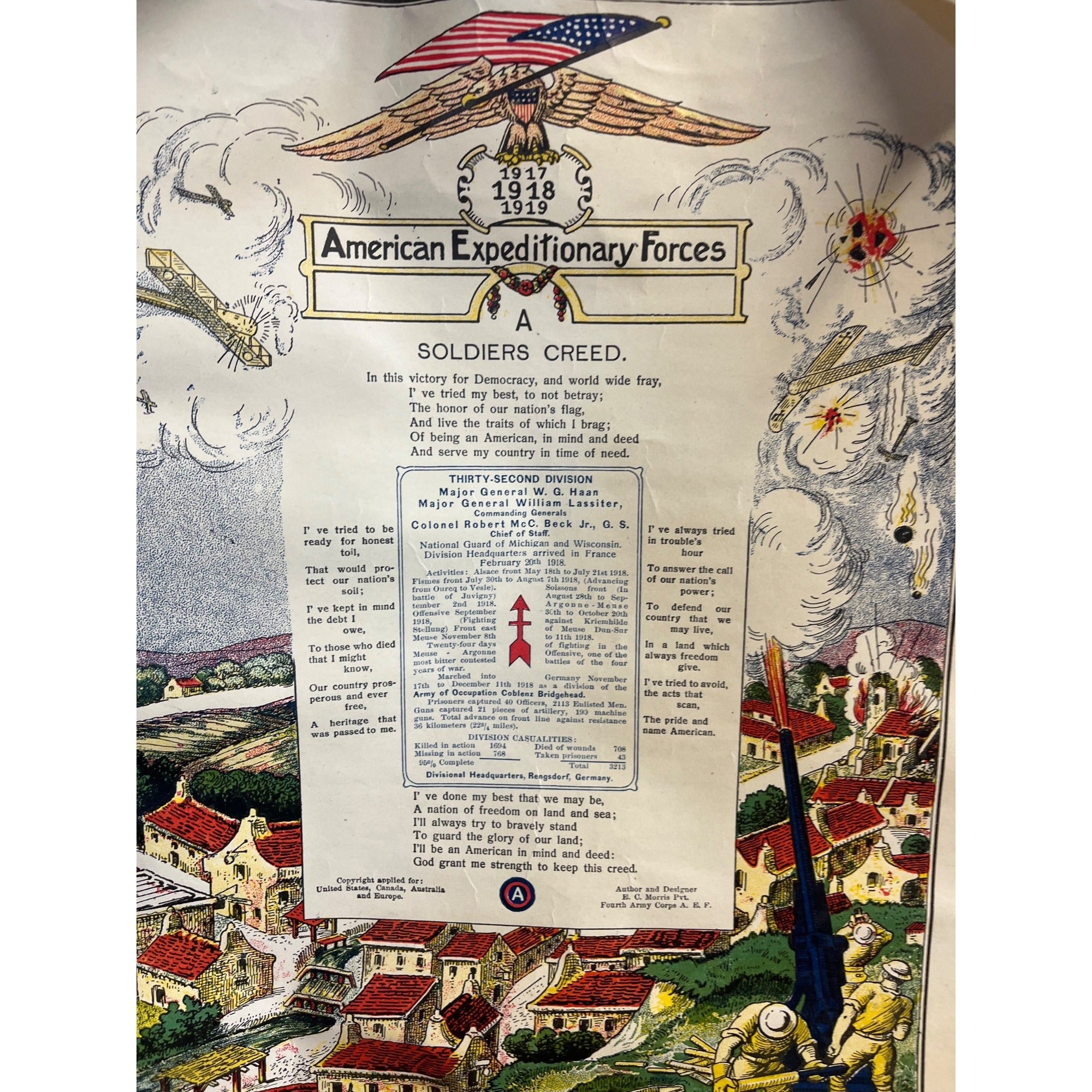 WWI US Army AEF 32nd Infantry Division Red Arrow Soldier's Creed Litho Poster