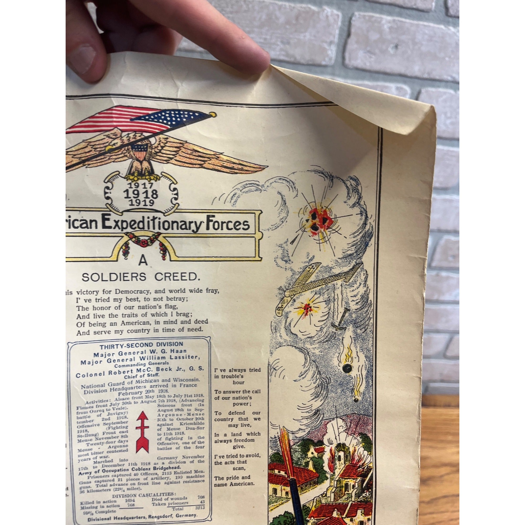 WWI US Army AEF 32nd Infantry Division Red Arrow Soldier's Creed Litho Poster