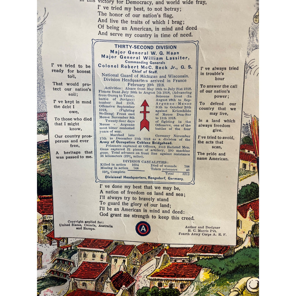 WWI US Army AEF 32nd Infantry Division Red Arrow Soldier's Creed Litho Poster