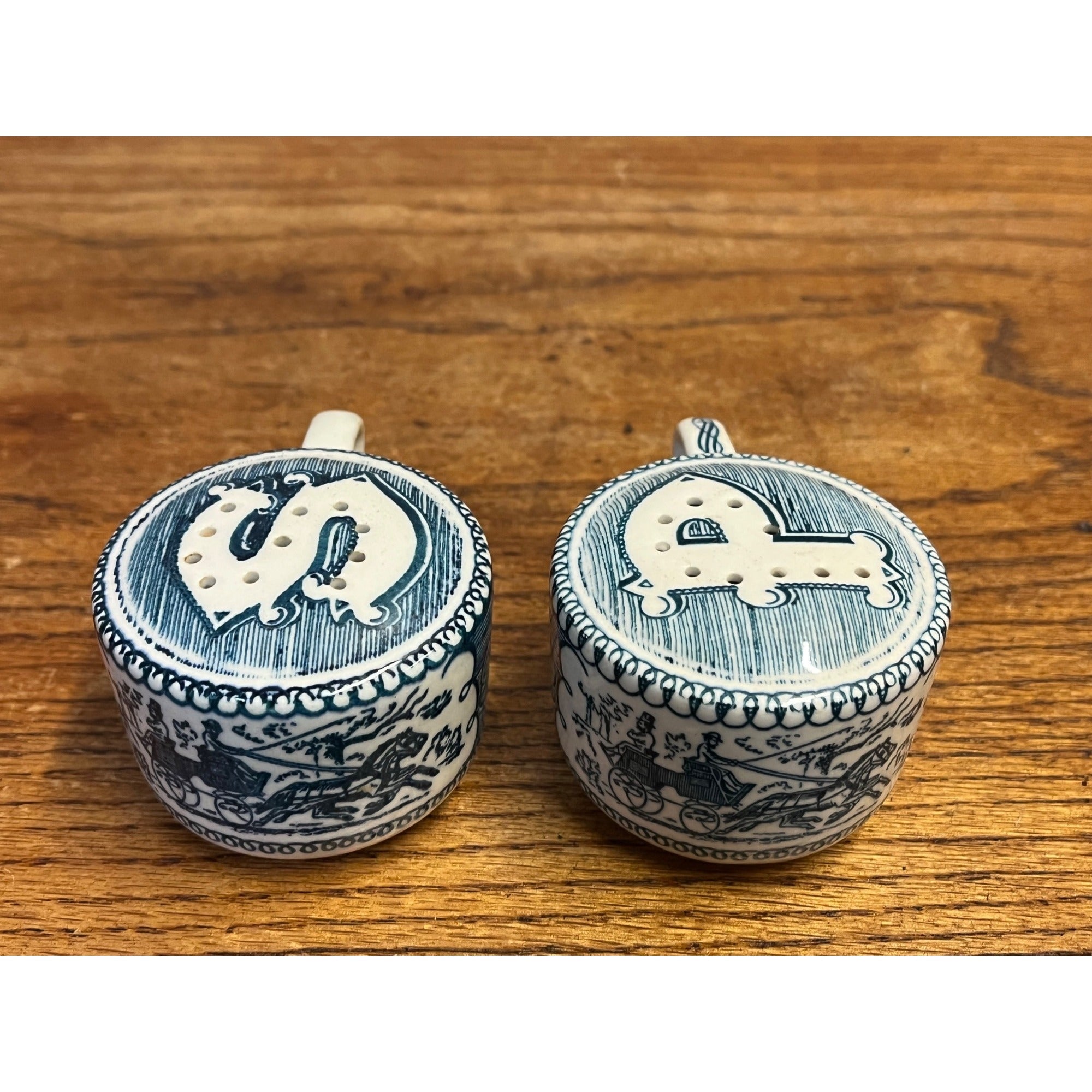 Vintage Currier & Ives Royal Blue Carriage Horse Salt and Pepper Shakers Pair