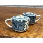 Vintage Currier & Ives Royal Blue Carriage Horse Salt and Pepper Shakers Pair