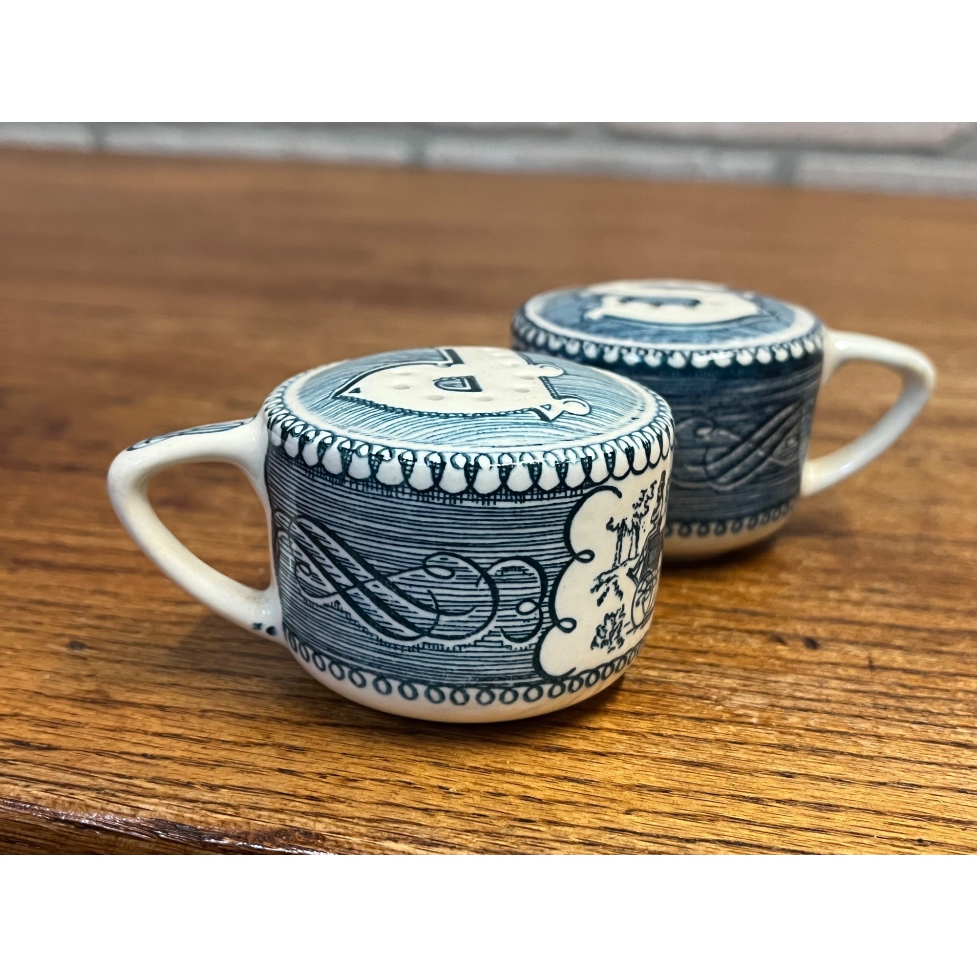 Vintage Currier & Ives Royal Blue Carriage Horse Salt and Pepper Shakers Pair