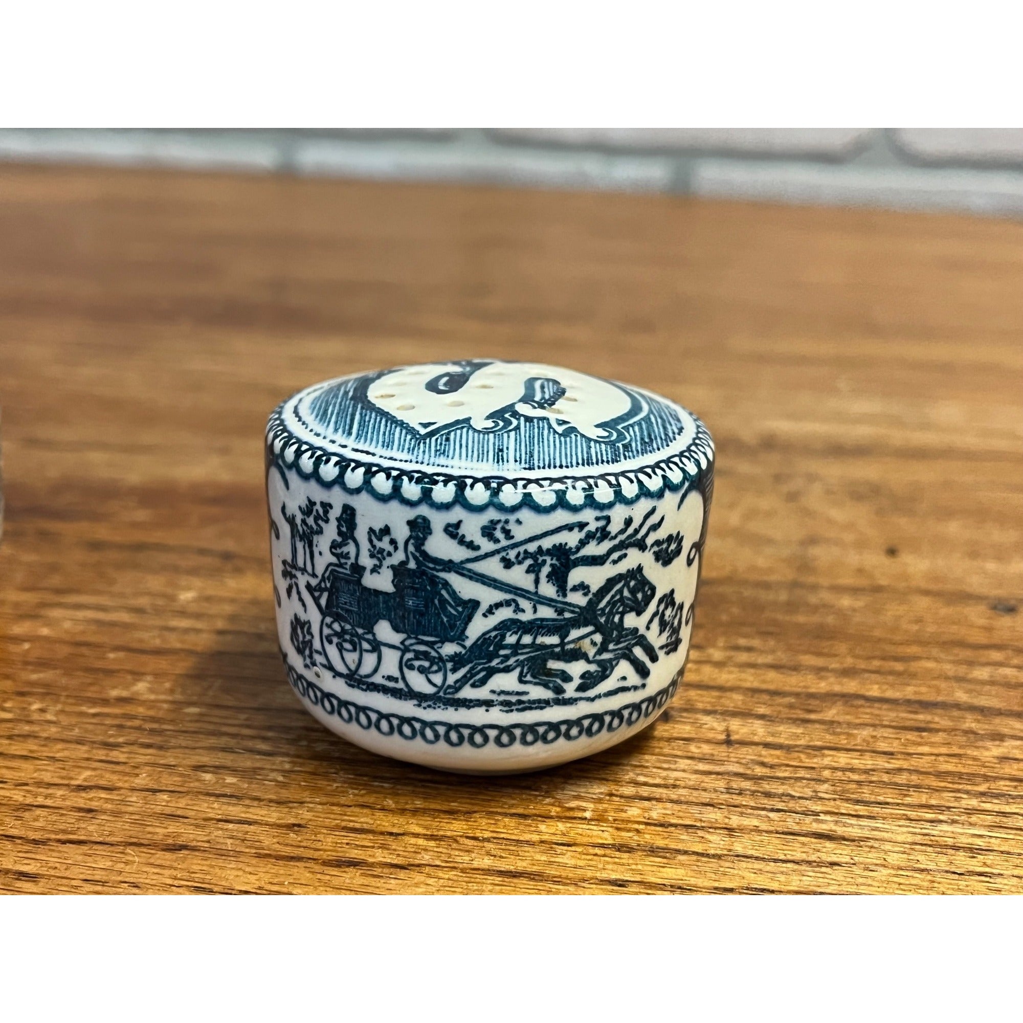 Vintage Currier & Ives Royal Blue Carriage Horse Salt and Pepper Shakers Pair