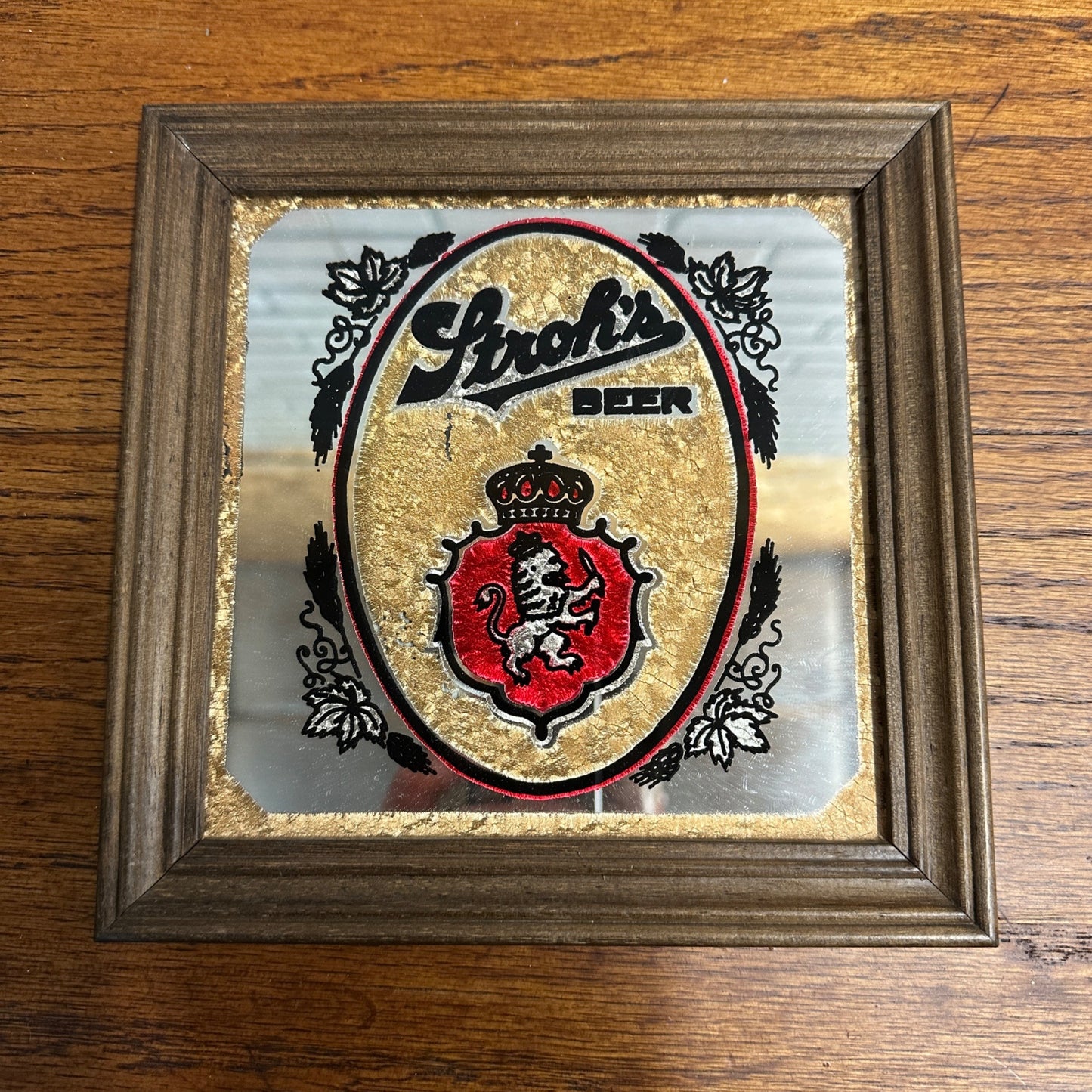 Vintage Stroh's Beer Mirror Bar Sign Small 7.25"x7.25" Wood Frame