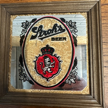 Vintage Stroh's Beer Mirror Bar Sign Small 7.25"x7.25" Wood Frame