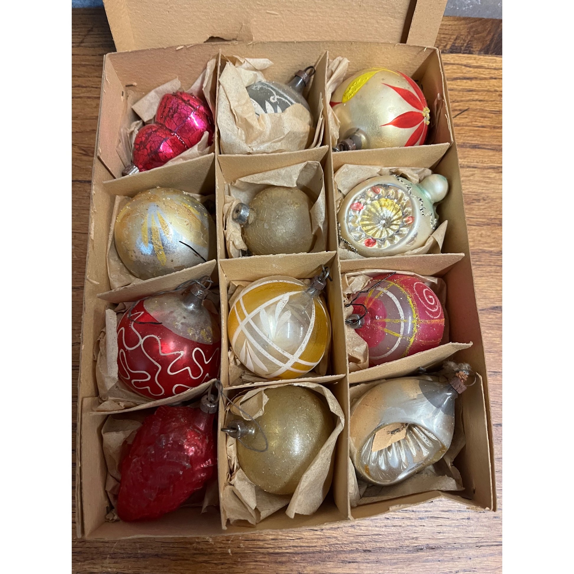 Vintage c1930s Box of German Hand Blown Christmas Ornaments