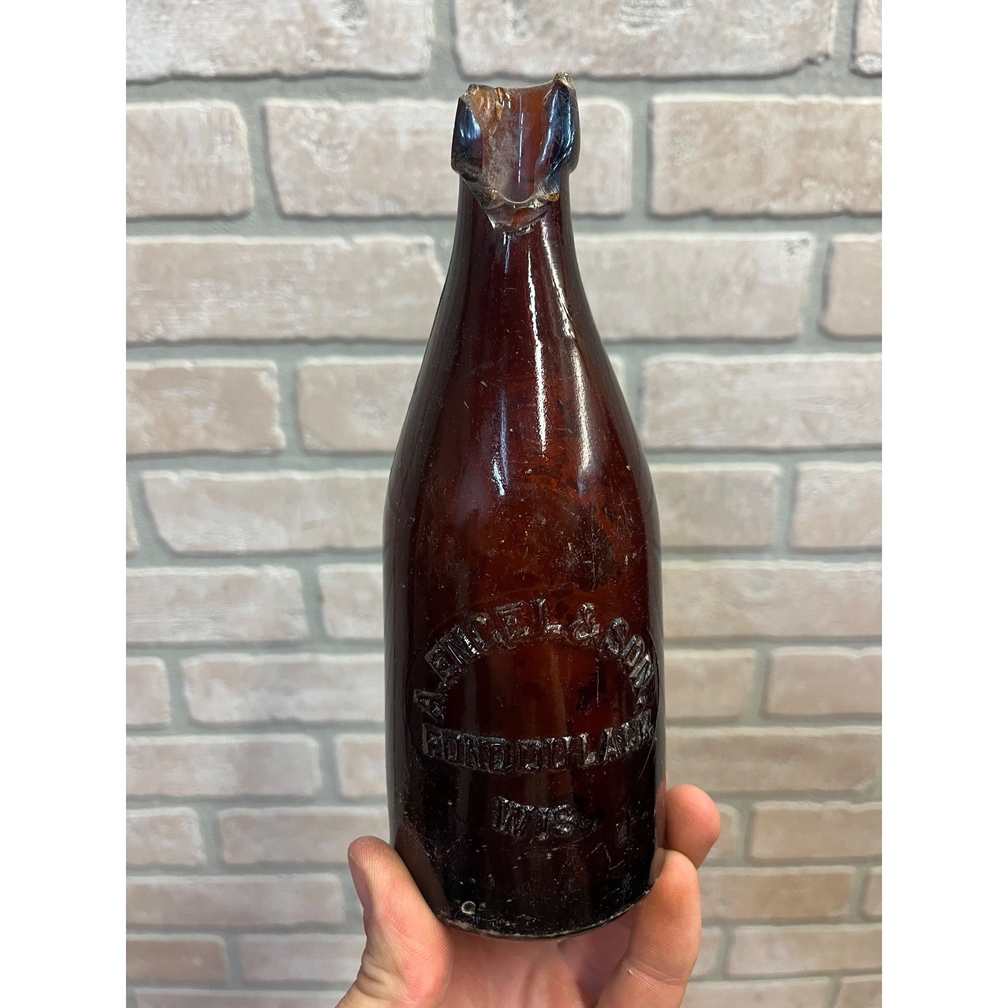 Antique A Engel & Son Fond du Lac Wis Amber Blob Top Beer Bottle Wisconsin