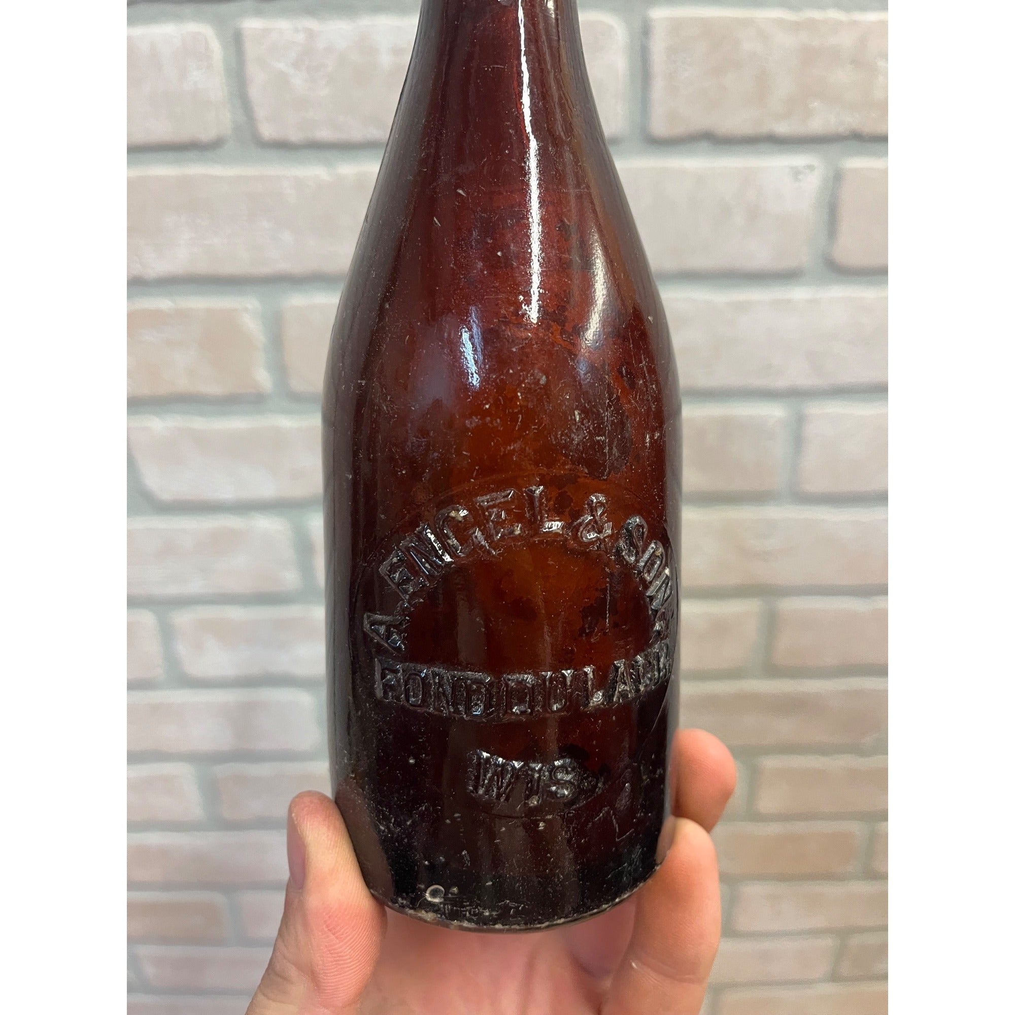 Antique A Engel & Son Fond du Lac Wis Amber Blob Top Beer Bottle Wisconsin