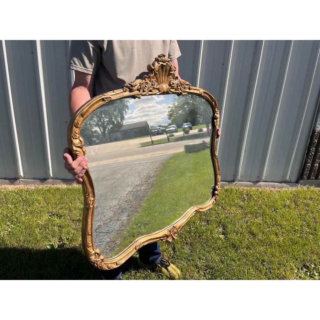 Antique 1900s Wooden Wall Mirror Gold Gilt Rocco Revivial Louis XV Shell Crest