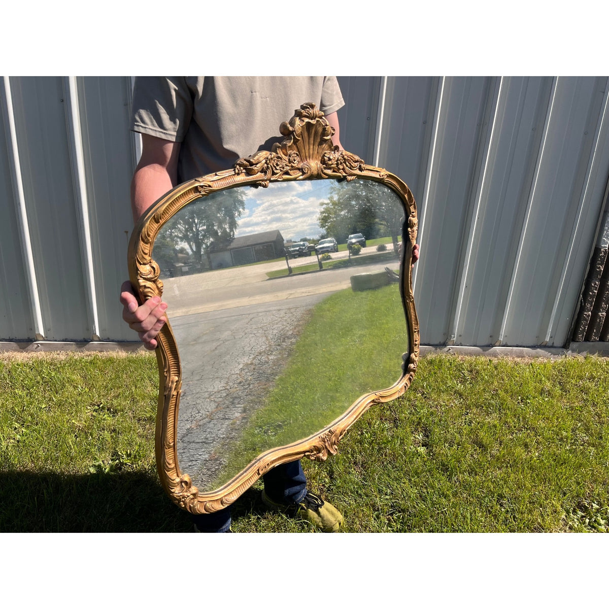 Antique 1900s Wooden Wall Mirror Gold Gilt Rocco Revivial Louis XV Shell Crest