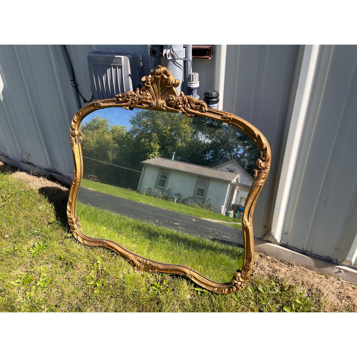 Antique 1900s Wooden Wall Mirror Gold Gilt Rocco Revivial Louis XV Shell Crest