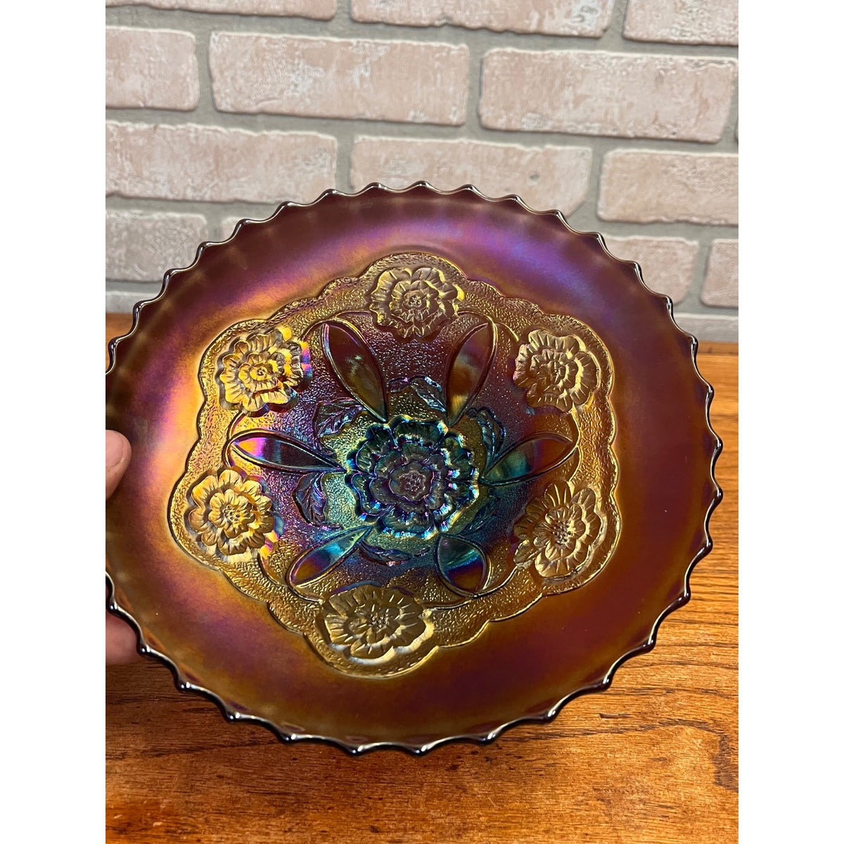Antique Vintage Dugan Carnival Glass Amethyst Dome Shaped Bowl Double Stem Rose