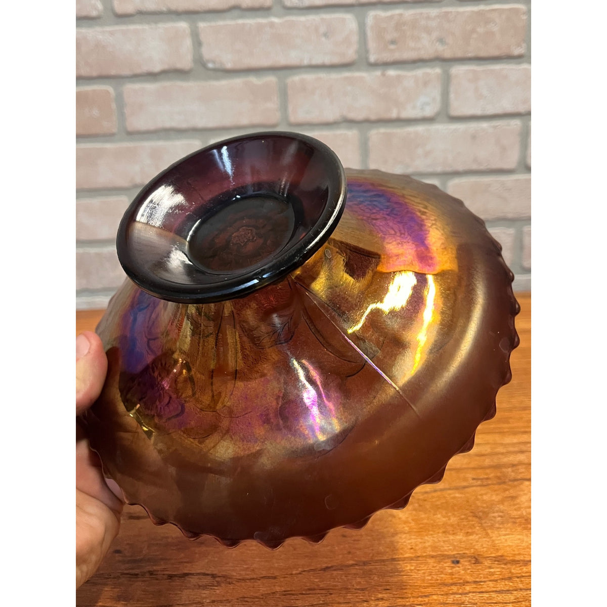 Antique Vintage Dugan Carnival Glass Amethyst Dome Shaped Bowl Double Stem Rose
