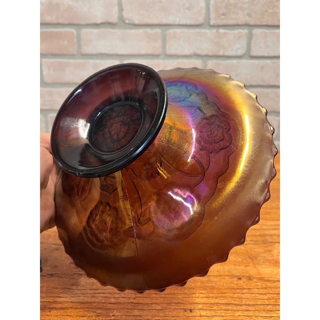 Antique Vintage Dugan Carnival Glass Amethyst Dome Shaped Bowl Double Stem Rose