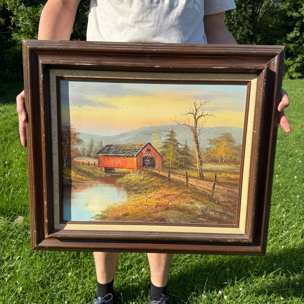 Vintage Mid-Century Oil on Canvas Framed Barn Painting Countryside Farm Scene