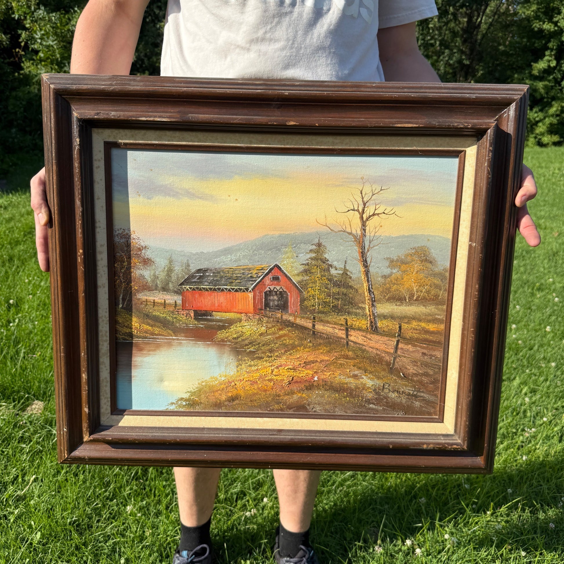 Vintage Mid-Century Oil on Canvas Framed Barn Painting Countryside Farm Scene