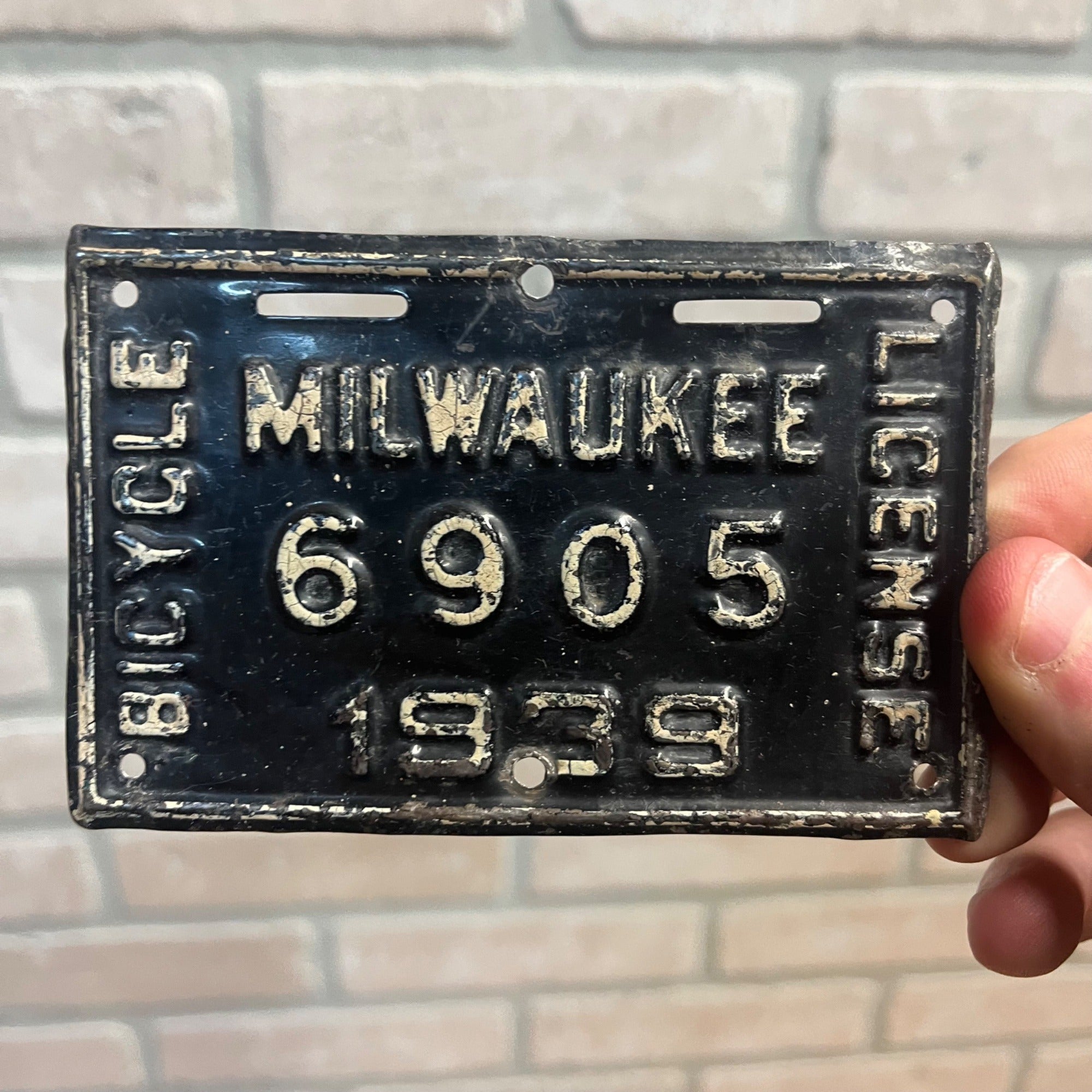 Vintage Wisconsin Bicycle Bike License Plate Embossed 1939 Milwaukee