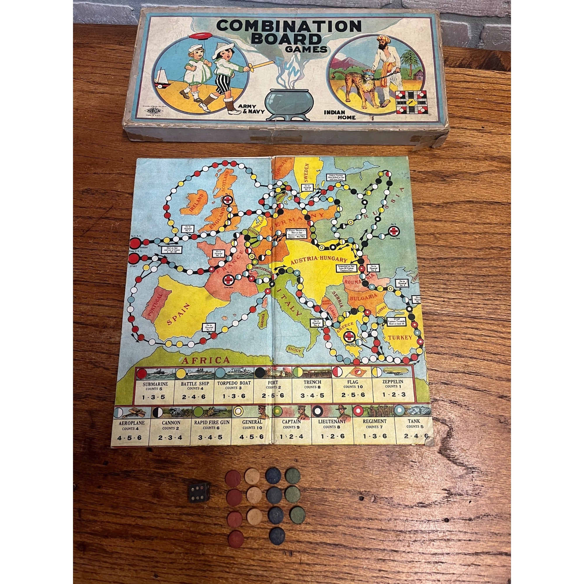 Antique 1920s Combination Board Games Army & Navy Indian Home Wilder Incomplete