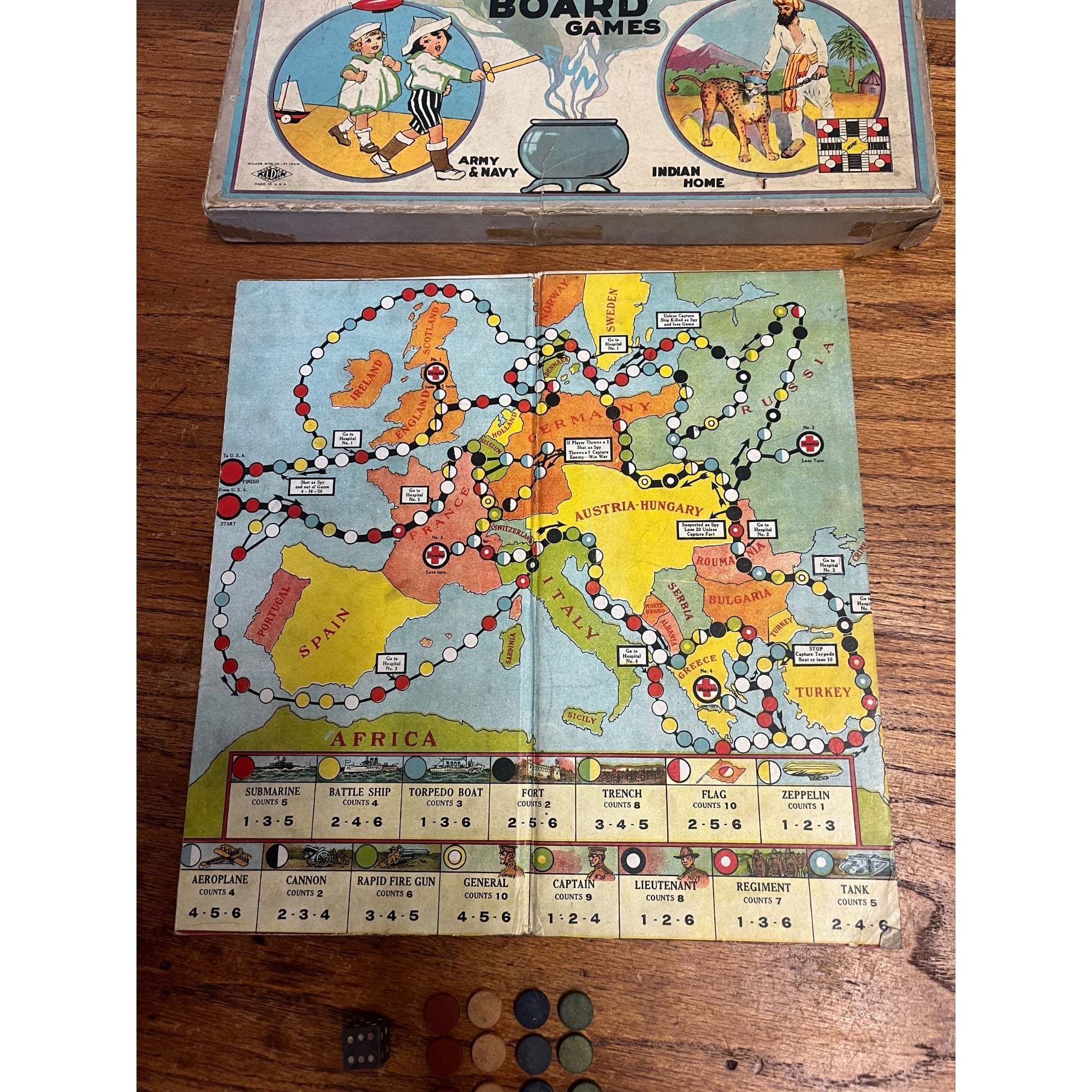 Antique 1920s Combination Board Games Army & Navy Indian Home Wilder Incomplete