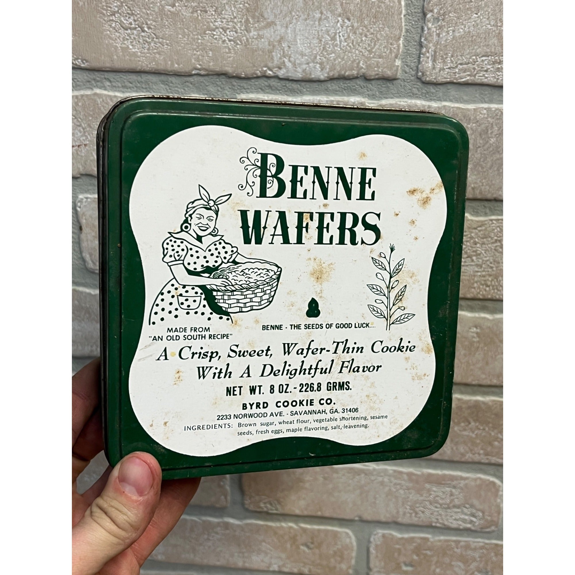 Vintage Benne Wafers Metal Tin Byrd Cookie Co. Savannah GA Antique Cookie Tin