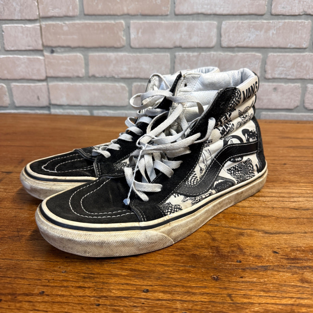 Vintage 2000s Vans Sk8-Hi Newspaper Print Shoes Black White Mens 9 Y2K
