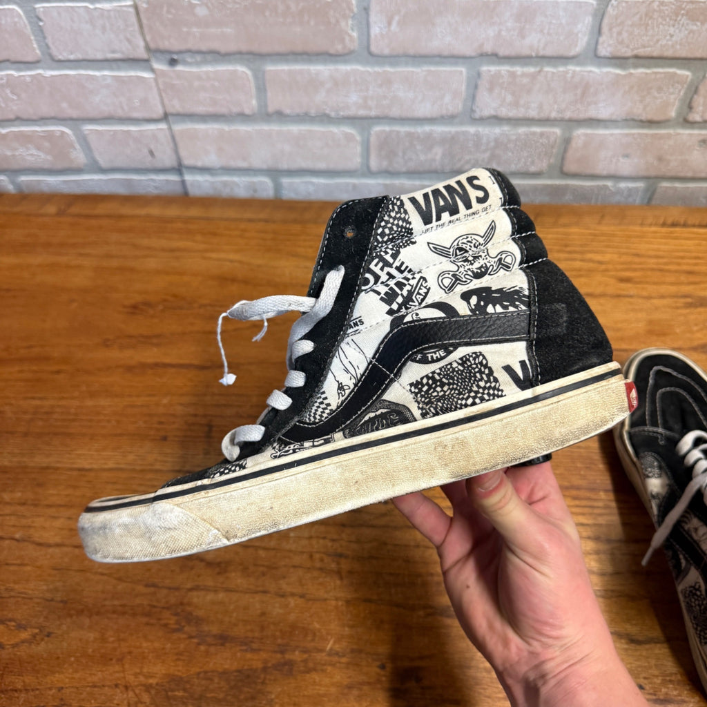 Vintage 2000s Vans Sk8-Hi Newspaper Print Shoes Black White Mens 9 Y2K
