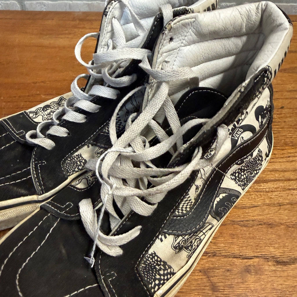 Vintage 2000s Vans Sk8-Hi Newspaper Print Shoes Black White Mens 9 Y2K