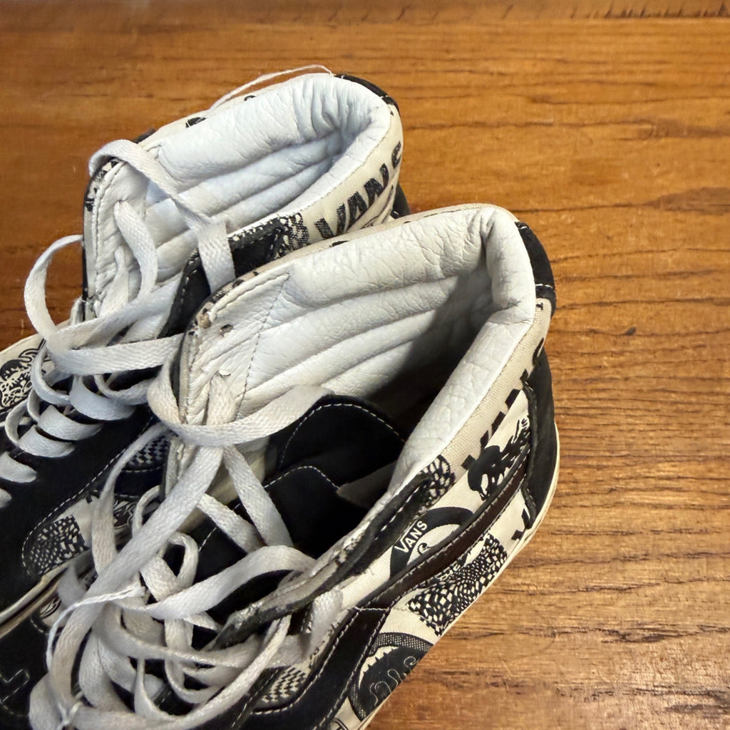Vintage 2000s Vans Sk8-Hi Newspaper Print Shoes Black White Mens 9 Y2K