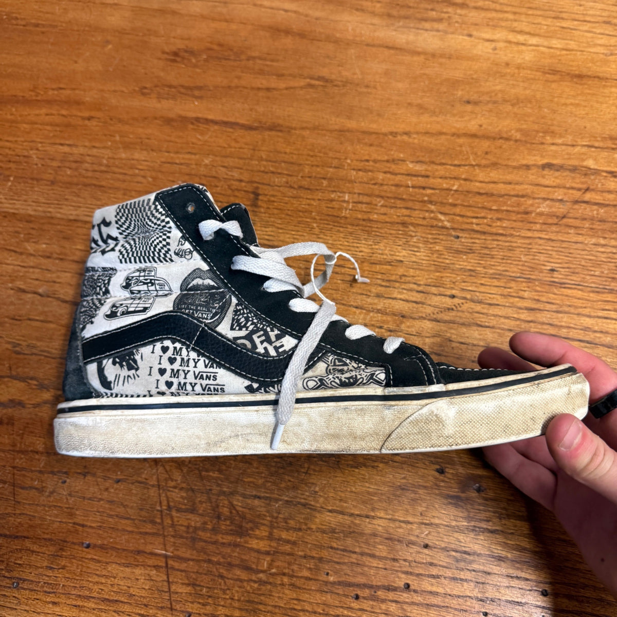 Vintage 2000s Vans Sk8-Hi Newspaper Print Shoes Black White Mens 9 Y2K