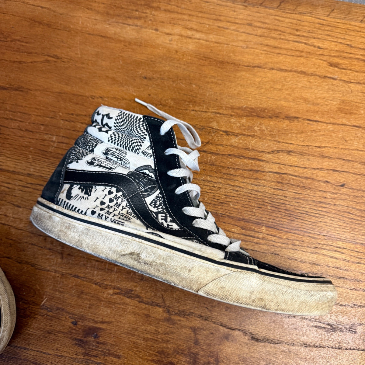 Vintage 2000s Vans Sk8-Hi Newspaper Print Shoes Black White Mens 9 Y2K