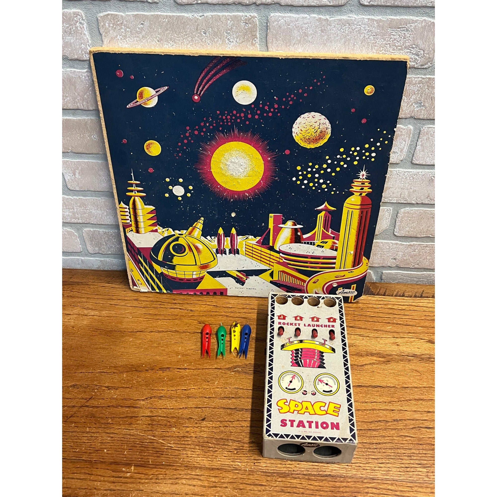 Vintage 1950's Amsco Rockets Away Space Station Dart Board Space Game w/ Darts