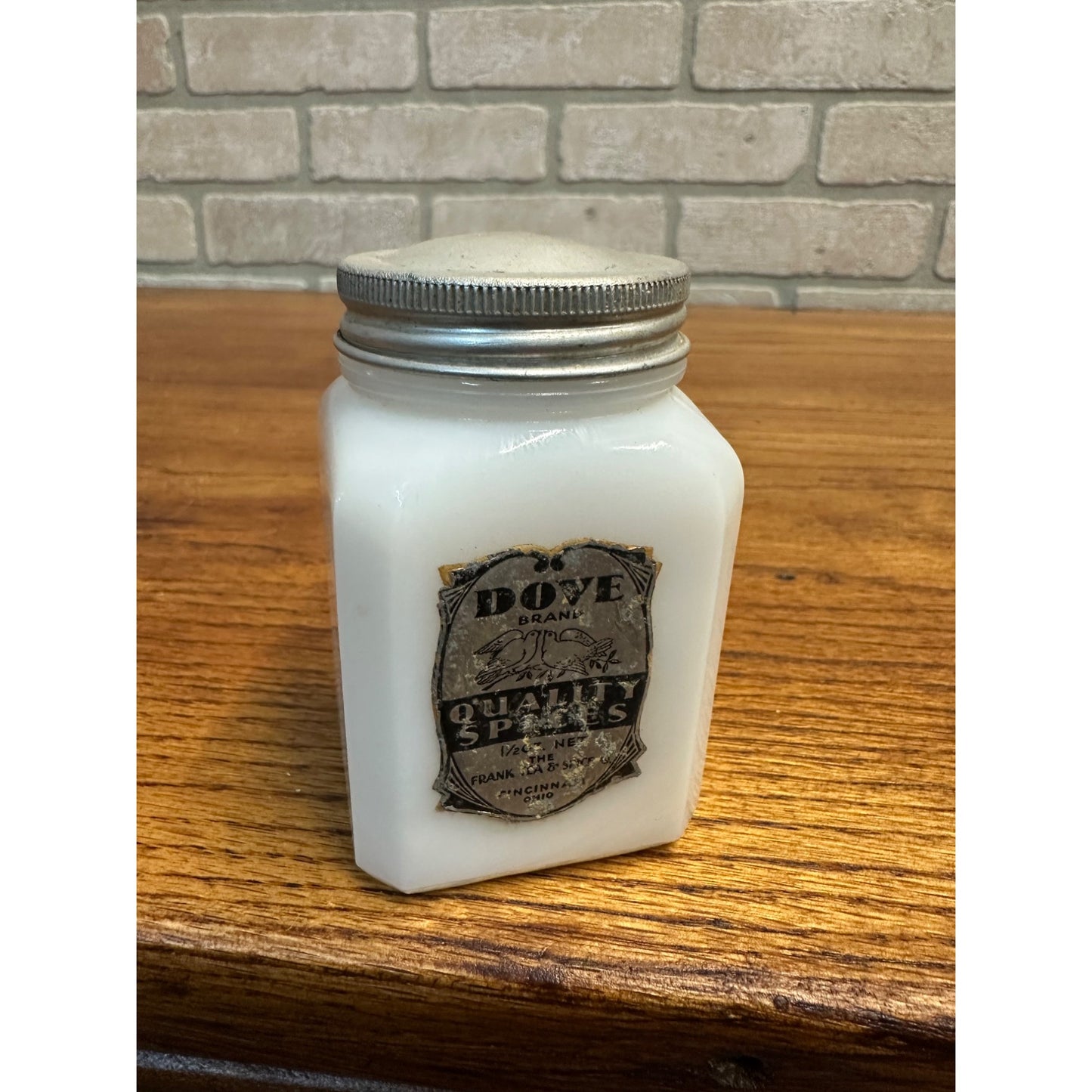 Vintage Allspice Frank Tea & Spice Co Dove Brand White Milk Glass 2 Oz Jar