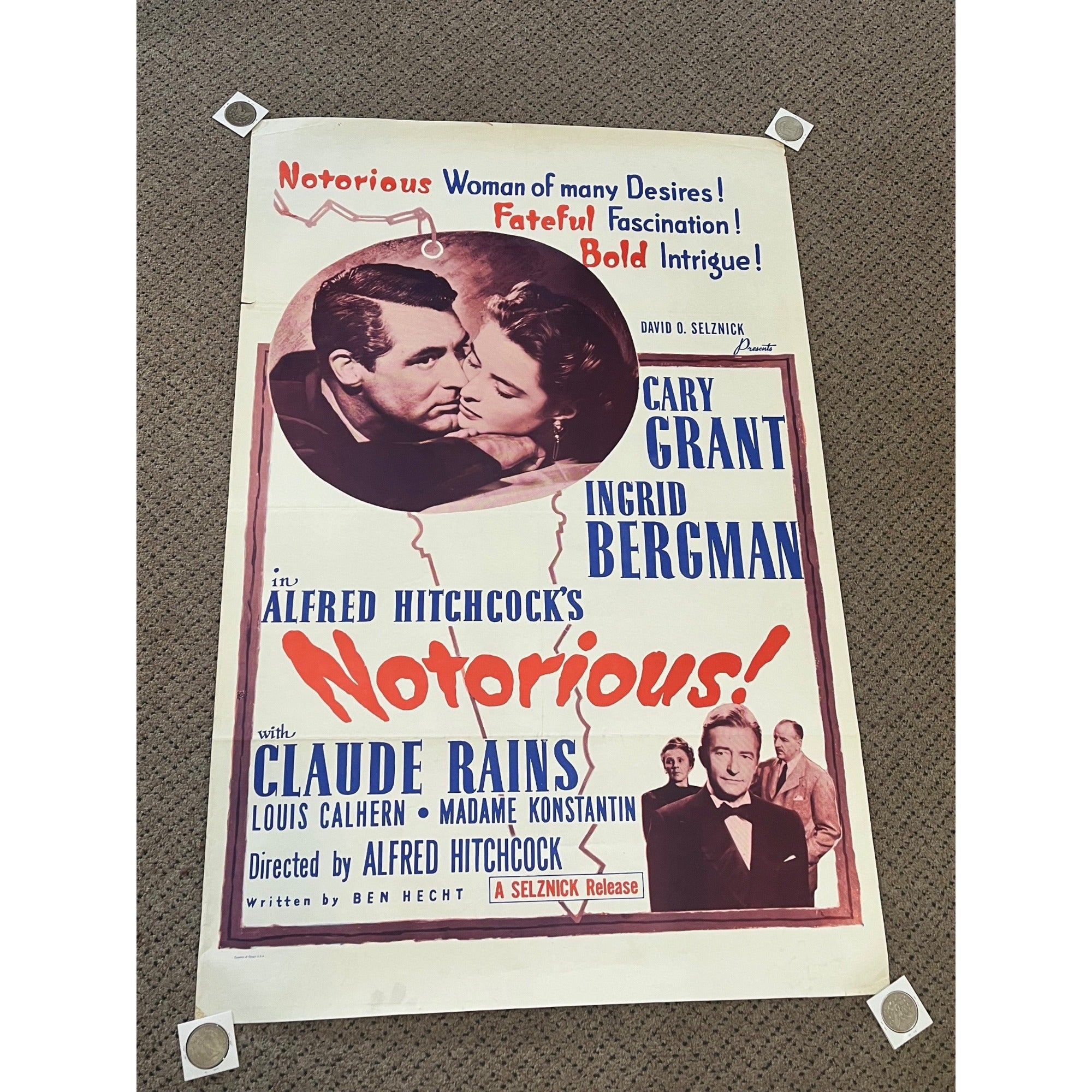 Vintage 1960s Alfred Hitchcock NOTORIOUS One-Sheet Original Movie Poster 27x41