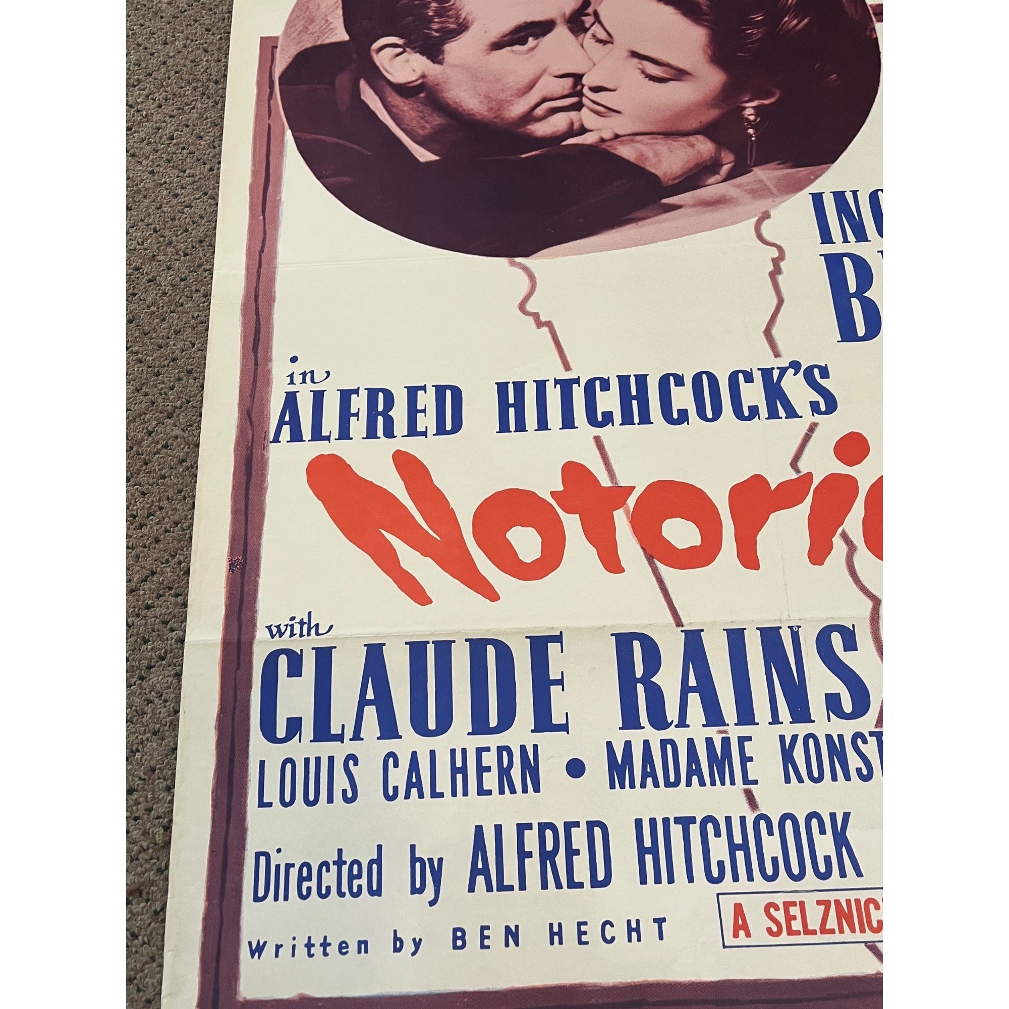 Vintage 1960s Alfred Hitchcock NOTORIOUS One-Sheet Original Movie Poster 27x41