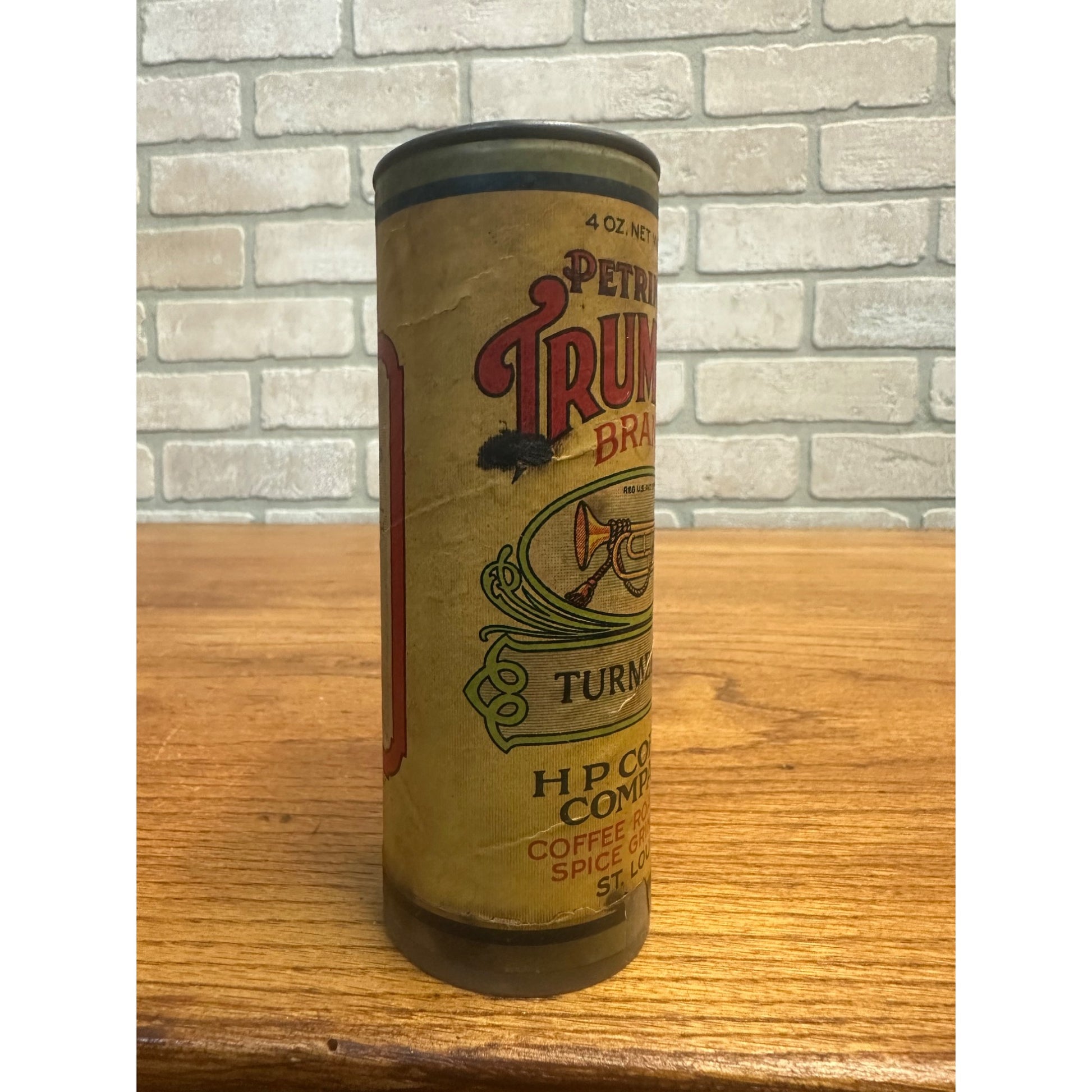 Petring’s Trumpet Brand Tumeric Spice Tin Round Cardboard St Louis Missouri